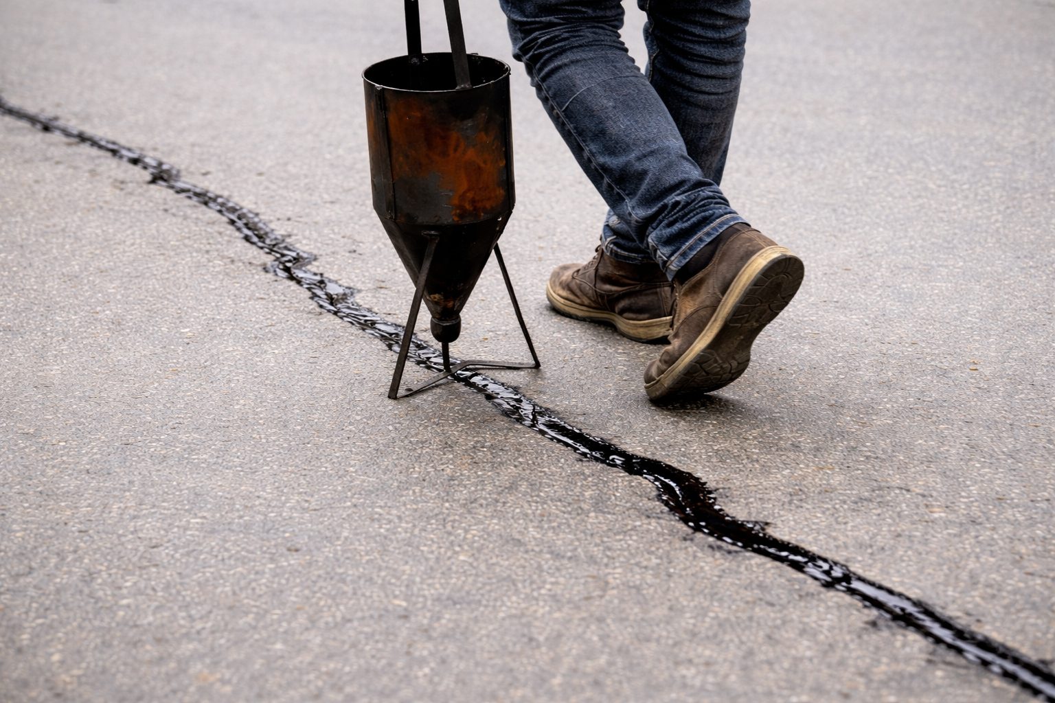 Asphalt driveway crack sealing after storm damage