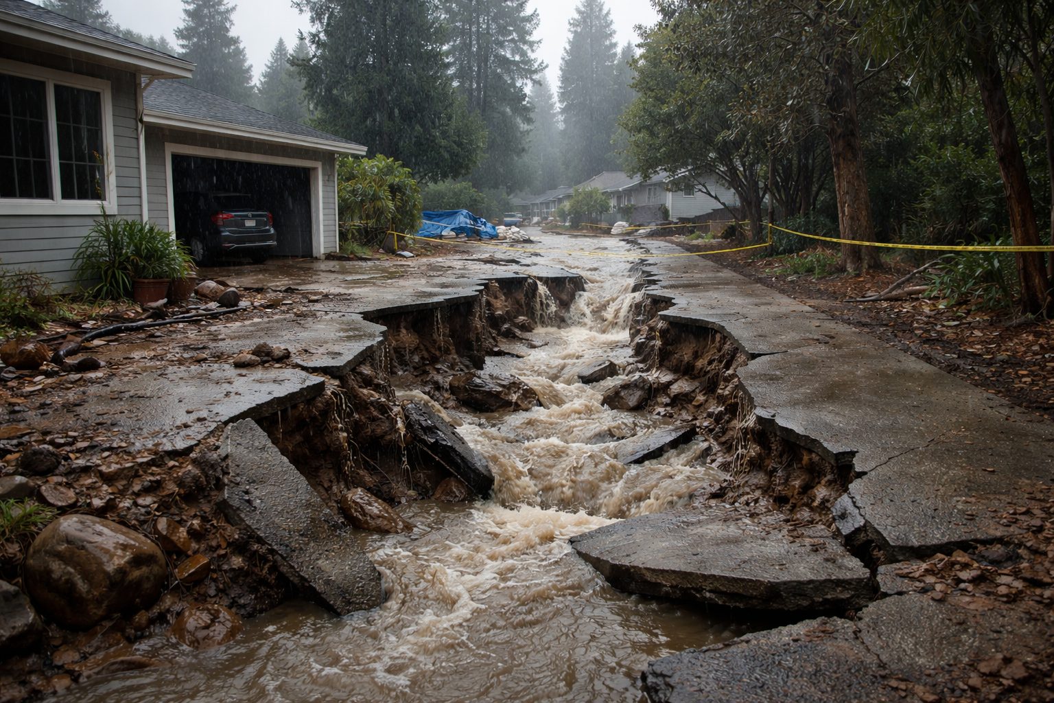 Atmospheric river storm asphalt driveway damage in california