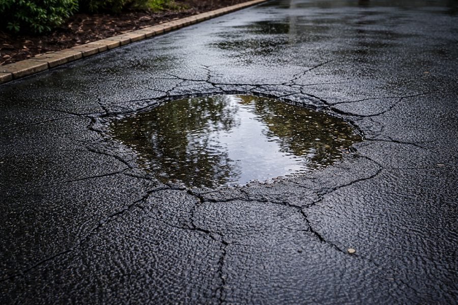 water pooling on damaged asphalt